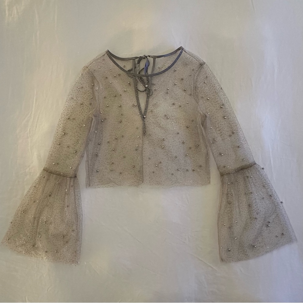 Forever 21 Faux Pearl Embellished Tulle Top in Silver with Gold Sparkles, Small